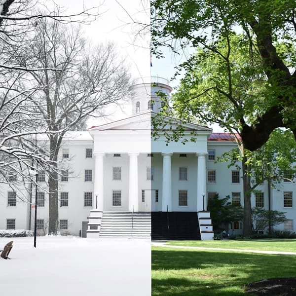composite of Penn Hall in winter (left) and summer (right)