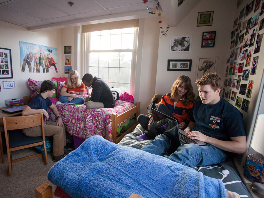 Students working in a residence hall room